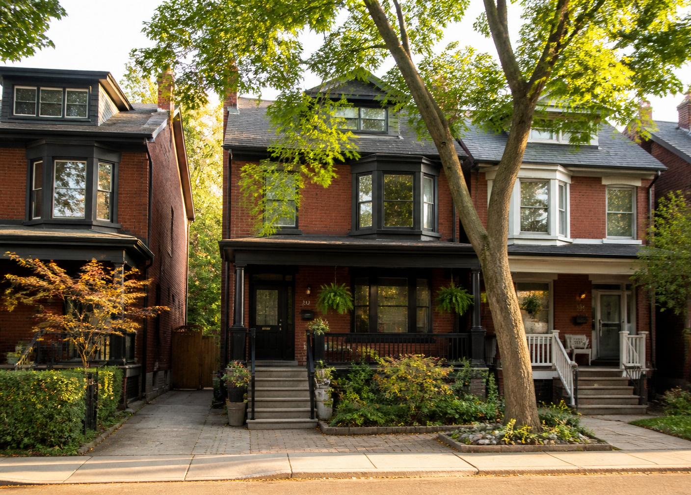 Red brick semi-detached homes on a leafy Toronto street